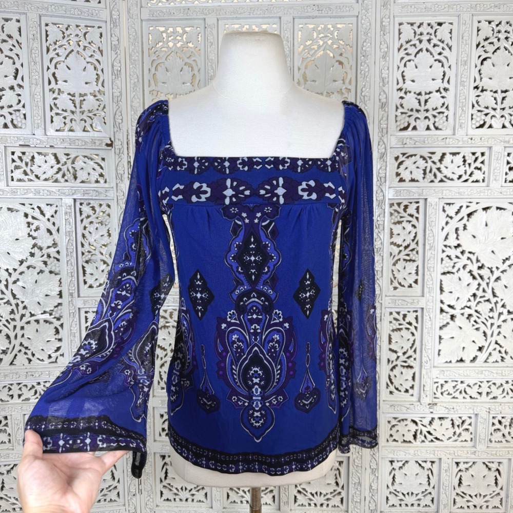 Y2K Blue Mesh Sheer Long Bell Sleeve Blouse Womens Medium Coquette Dainty Retro